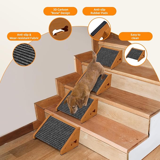 4 Pack Wooden Dog Ramp for Stairs Suits for Small Medium Dogs Cats, Pet Steps Stairs for Staircase for Dogs Cats Brown,Need Installation,13 * 9.8 * 5.1 inch