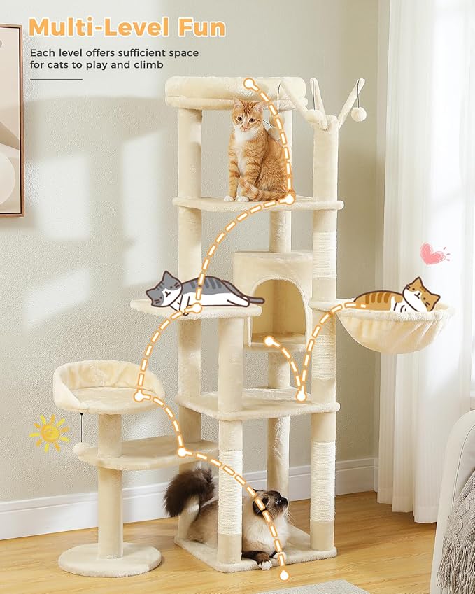 59" Cat Tree, Cat Tower for Large Cats, Multi-Level Cat Tower with 3 Removable Pompom Sticks, Cat Tree for Indoor Cats, Cat Condo with Large Hammock, Scratching Post, and 2 Perches, Beige