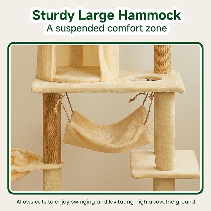 Deluxe Cat Tree Tower, 132cm Multi-Level Climbing Structure with Condo, Hammocks, Platforms, Beige Plush, Indoor Activity Center
