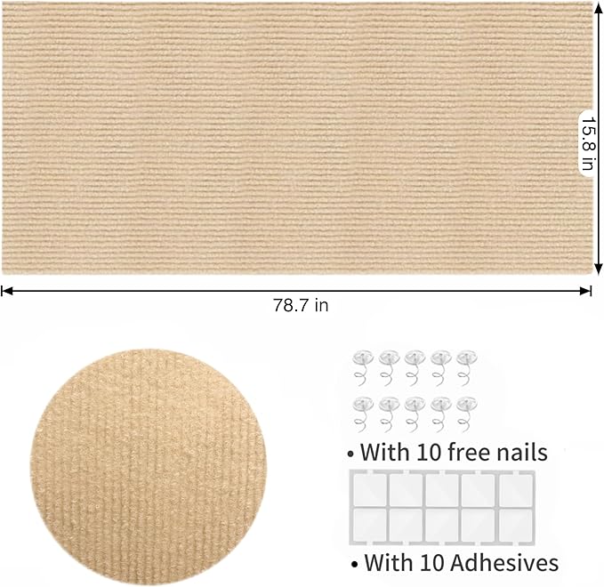 78.7"X15.8" Cat Scratch Furniture Protector Pad from Cats Scratching, Adhesive Couch Protector from Cats Claws, DIY Climbing Cats Scratcher Carpet, Cat Scratch Mat, for Sofa, Wall and Door (Khaki)