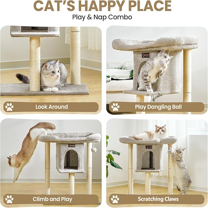 Cat Tree Tower for Indoor Large Cats, Cat Scratching Post with Big Perch Bed, Tall Trees House with Condo Cave, Toy Balls, Modern Climbing Furniture Big Platform for Kitten