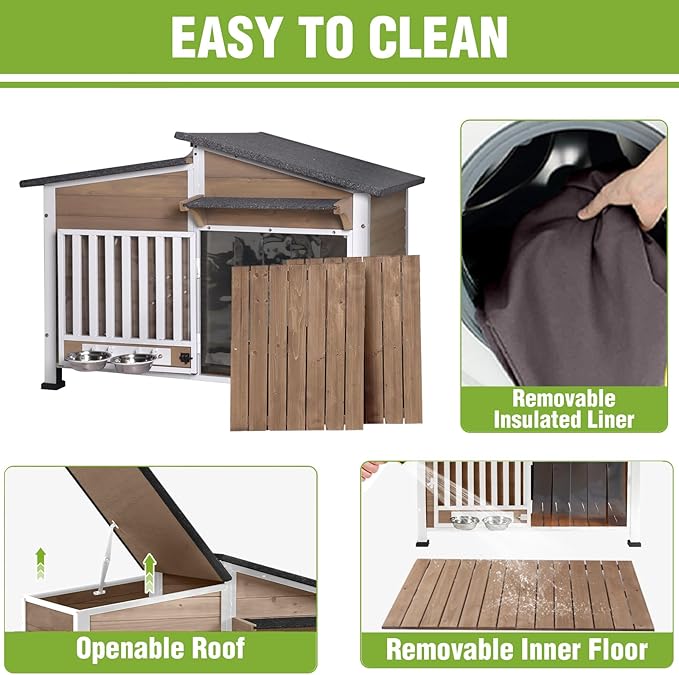 GUTINNEEN Large Heated Dog House Outdoor Insulated Dog Kennel Weatherproof Dog Shelter with Safe Heating Pad, Thermal Liner, Rotatable Spill-Proof Bowl for Large Dog Breeds, 39.7"L x 25.5"W x 32.2"H