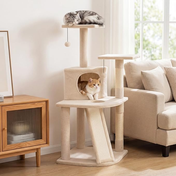 PETSITE 44-inch Multi-Level Cat Tree, Modern Cat Tower with Sisal Scratching Posts, Cozy Condo, Playful Cat Hole, Sisal Covered Ladder, and Dangling Ball, Ideal for Indoor Cats and Kittens (Beige)