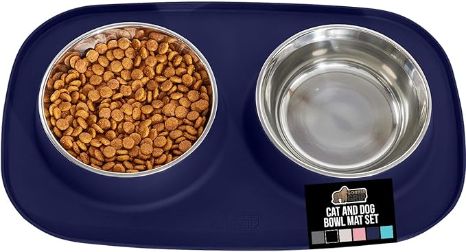 GORILLA GRIP Feeding Mat Bowl Set, 100% Waterproof BPA Free Silicone, 304 Stainless Steel Cat and Dog Bowls for Food and Water, Slip Resistant, High Edge, US Designed, Patent Pending, 1 Cup Navy Blue