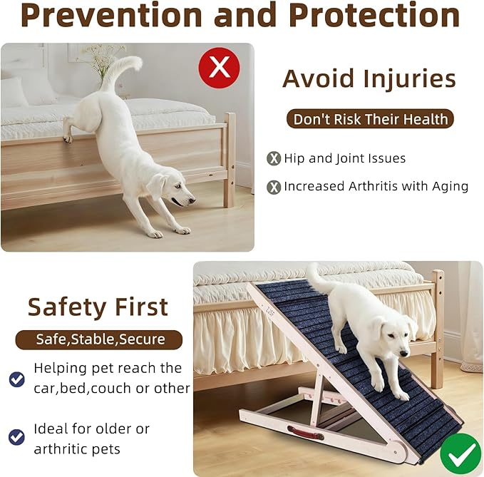 ZJSF Foldable Dog Ramp for High Bed, Wooden Dog Stairs to Bed for Small and Large Dogs, High Traction Platform with 6 Adjustable Heights (12.2"-26"), 39.7", Supports up to 230 lbs