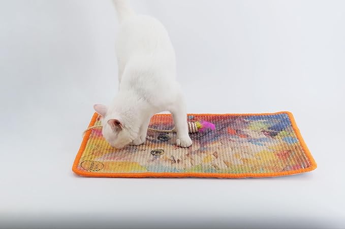 Sisal Cat Scratcher Mat [+ Sisal Mouse Toy] – Wall & Couch Protector, Carpet & Floor Scratching Pad, Durable Non-Toxic & Shedding-Resistant (Watercolor Cat)