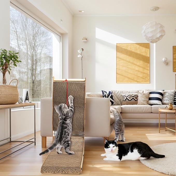 L Shape Cat Scratcher, 26.8" Vertical Cat Scratching Board with Ball Toy, Large Wall Mounted Curving Scratching Ramp, Tall Standing Cat Scratch Pad, Wall Furniture Protector for Indoor Cats