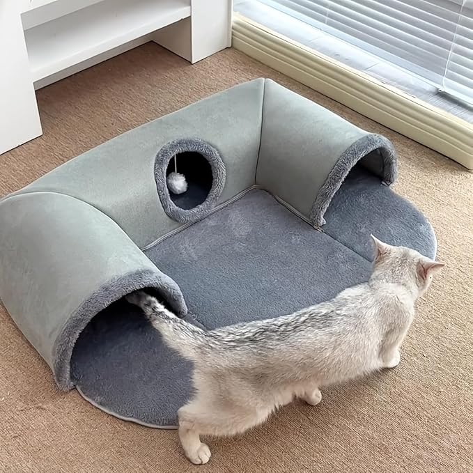 Cozy Pet Cave 3-in-1 Cat Tunnel Bed, Gray Plush with Fleece Lining, Anti-Slip Base, Multiple Entrances, Indoor Cat House, 33.46 x 25.59 Inch