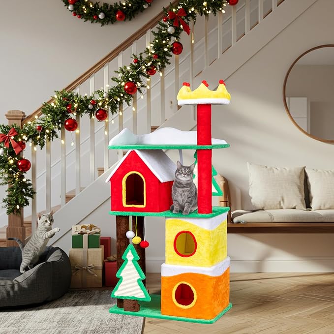 56in Christmas Themed Plush Cat Tree, Multi-Level Cat Tower with Cat Condos, Top Crown Perch, Sisal Ramp Scratching Posts, Large Cat Pet Activity Center for Indoor Cats