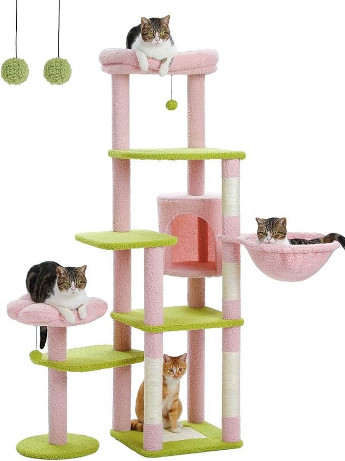 59" Flower Cat Tree for Large Cat, Multi-Level Tower, Cute Cat Tower for Indoor Cats, Cat Condo with Large Hammock, Scratching Post, and 2 Perches, Pink