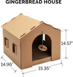 Furhaven Cardboard Cat House Gingerbread House, Cat Hideout Scratcher with Detachable Hanging Toys