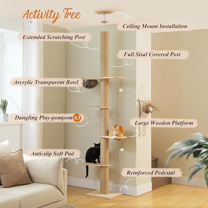 PETEPELA Floor to Ceiling Cat Tree, Adjustable Height(79-103'') Solid Wooden Tall Cat Tower for Indoor Cats with Sisal Scratching Post, Acrylic Bowl and Play Pompom