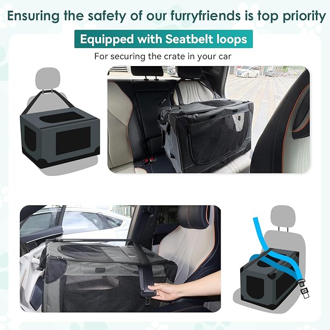 Soft Small Dog Crate - 24 inch Portable Travel Puppy Crate for Small Pets or 2 Cats, Collapsible Pet Carrier with 4 Mesh Doors, Car Kennel for Dogs with Handle for Indoor and Outdoor, Grey