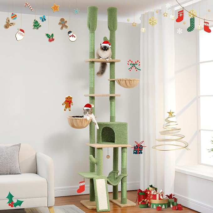 PAWZ Road Cactus Cat Tree, Floor to Ceiling Cat Tower with Adjustable Height(85-112 Inches), 7 Tiers Cat Climbing Tree with Cozy Hammocks and Condos, 5 Platforms, Scratching Posts for Indoor Cats