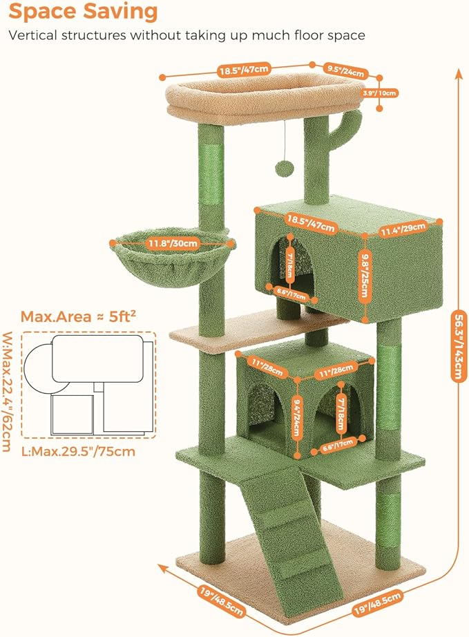 PEQULTI 56.3'' Cat Tree for Large Cats with Super Large Top Perch, Tower for Indoor Cats with Hammock and Sleeping Bag, Cat Shelves with Scratching Posts and 2 Condos Houses Green
