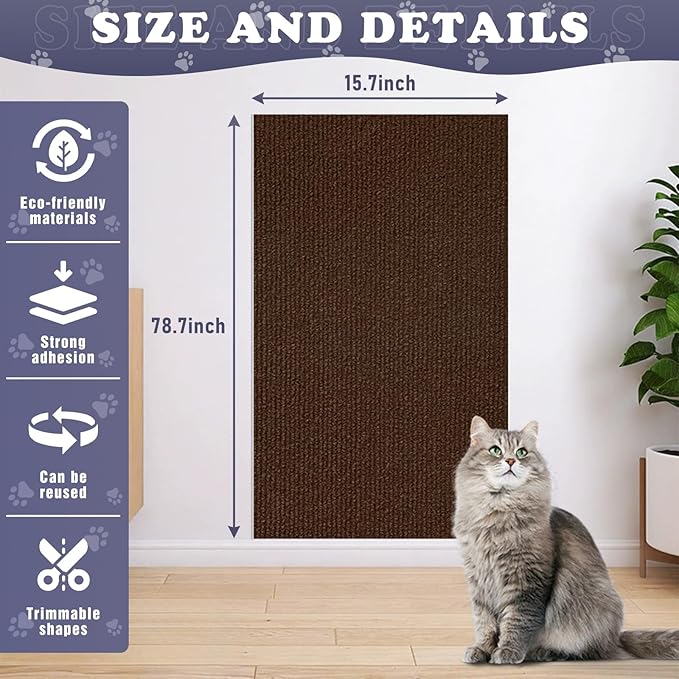 Cat Scratching Furniture Protector Self Adhesive Trimmable Protective Sofa Carpet Leather Furniture Pad Replacement for Cat Tree Shelves DIY Pet Scratch Protector (Brown, 15.7"x78.7")