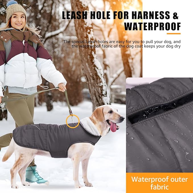 iBuddy Dog Winter Jacket for X-Large Dogs, Easy on Dog Snow Coat Velcro Waterproof Pet Puffer Coat with Harness Hole Adjustable Reflective Quilted Pet Cold Weather Vest Wind-Poof for Boy Male