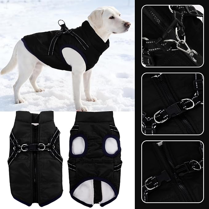 Dog Winter Coat with Harness Winter Jacket for Small Dogs Cold Weather Coats Warm Pet Vest Waterproof Snowsuit (Black, Medium)