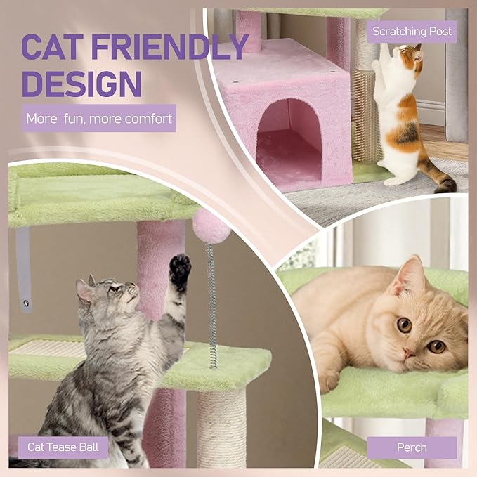 26.7" Cat Tree Tower with Cozy Condo & Top Perch, Cute Cat Tree for Indoor Cats, Multi-Level Cat Tree Tower for Indoor Cats with Scratching Post (Pink/Green)