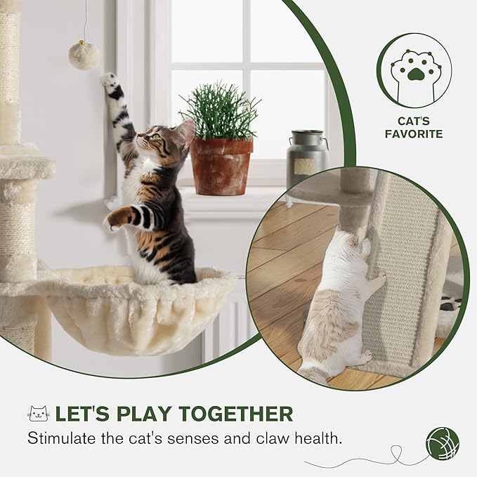 IMUsee 68 Inches Multi-Level Large Cat Tree for Large Kitties/Big Cat Tower with Condo/Cozy Plush Perches/Sisal Scratching Posts and Hammocks/ ‌Feline Activity Center Play House/Beige