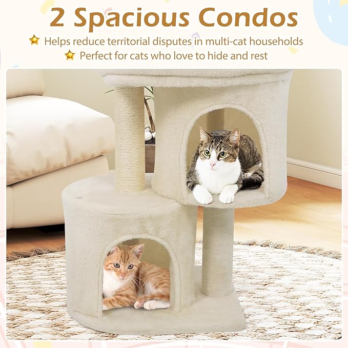 Tangkula Small Cat Tree for Indoor Cats, 26 Inch Cat Tower with Sisal Scratching Posts, Dual Cat Condos with Large Padded Push Perch, Modern Cat Climbing Furniture Activity Center (Beige)