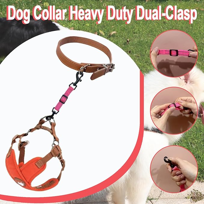 2 Pcs Dog Collar Safety Clips with Double Ended Clasps | Adjustable Collar Backup Clip for Dog Harness & Collars Connectors, Training for Walking, Running, and Hiking, Safety Clip - Pink