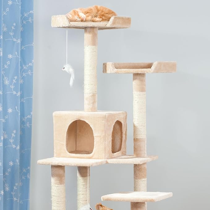 Cat Tree - 5.5-Foot Cat Tower for Indoor Cats with Perches, 2 Condos, 9 Cat Scratching Posts, 2 Hanging Toys, and 2-Step Ladder by PETMAKER (Beige)
