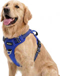 Funfox Dog Harness No Pull, Adjustable Pet Vest Harness, Super Soft Material with Vertical Handle Easy Control, Reflective Night Walking, 2 Leash Clips for Large Dogs, Blue, L