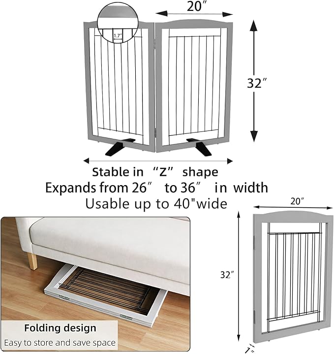 Dog Fence Indoor,Dog Gate Indoor for Doorway pet gate -2-Panel Freestanding, Hallways, House or Stairs -40x32-Inch Retractable Foldable Expandable Wood Pet by SFJC (Grey) ﻿