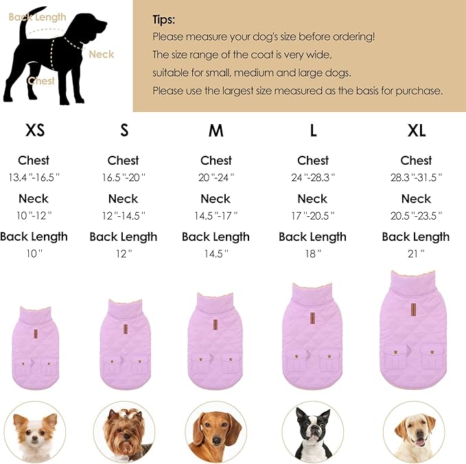 Winter Coat for Medium Dogs, Dog Plaid Jacket, Pets Coat for Cold Weather, Windproof Warm Garments, Pet Thickened Outfits Indoor Outdoor, Lilac M