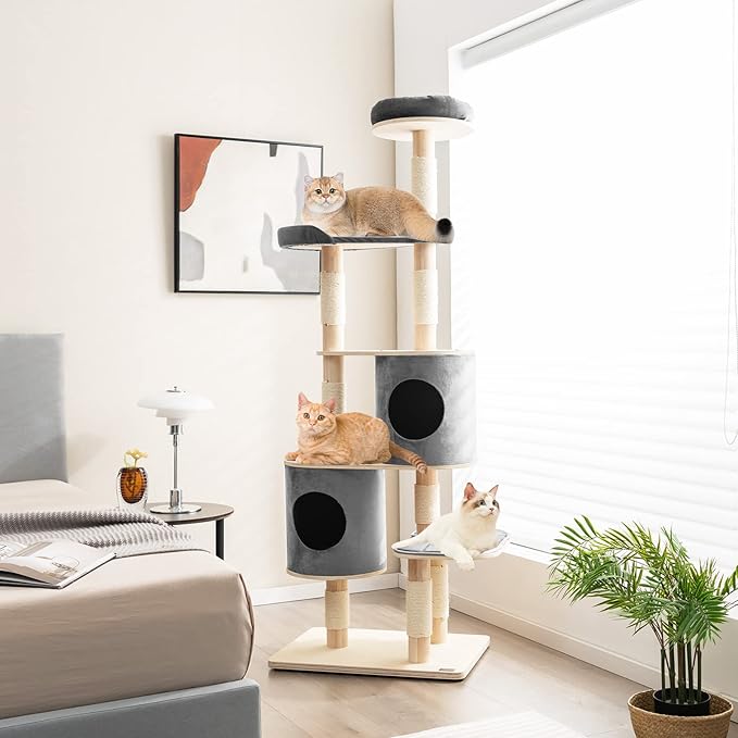 Tangkula 75 Inch Tall Cat Tree for Indoor Cats, Natural Solid Rubber Wood Cat Tower with Sisal Scratching Posts, Top Perch, Detachable Cat Condo, 6-Layer Modern Cat Trees and Towers for Large Cats