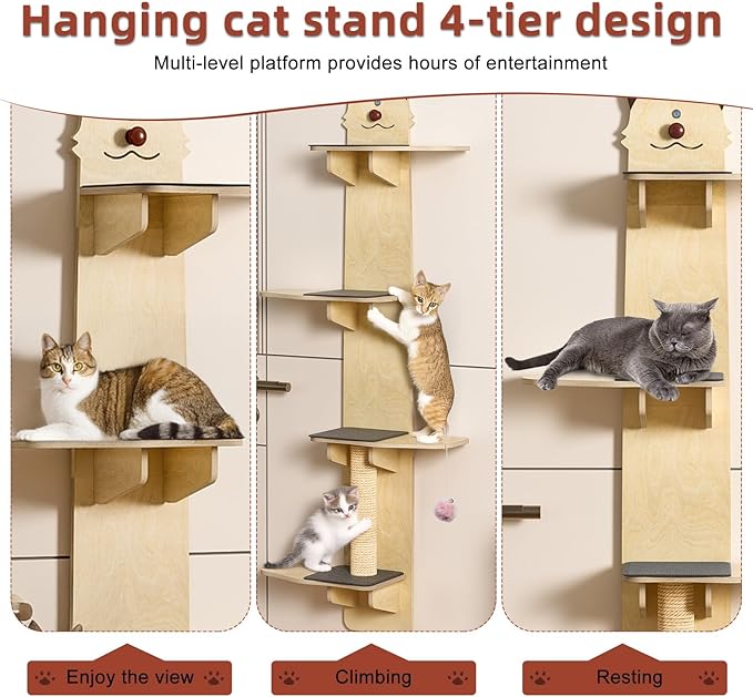 66" Over-the-Door Cat Tree for Indoor Cats, Solid Wood 4-Tier Cat Tower with Scratching Post, Space-Saving Cats Climber for Apartment, No-Drill Hanging Installation 170cm