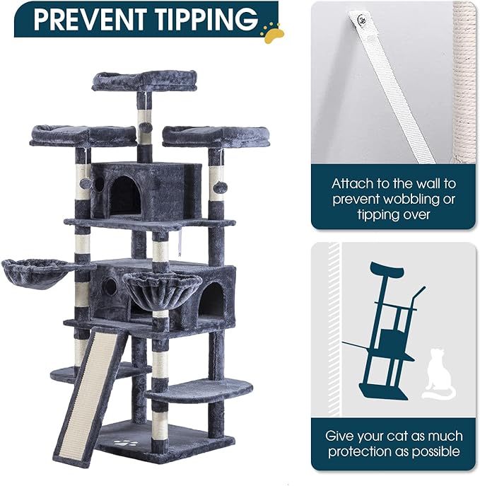 WEEWAY 68 Inches Multi-Level Large Cat Tree for Feline‌/Big Tower/Condo/Cozy Plush Kitty Perches/Fluffy Balls/Sisal Scratching Posts and Hammocks/Cave/Furniture Activity Center/Drak Grey