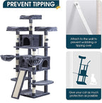WEEWAY 68 Inches Multi-Level Large Cat Tree for Feline‌/Big Tower/Condo/Cozy Plush Kitty Perches/Fluffy Balls/Sisal Scratching Posts and Hammocks/Cave/Furniture Activity Center/Drak Grey