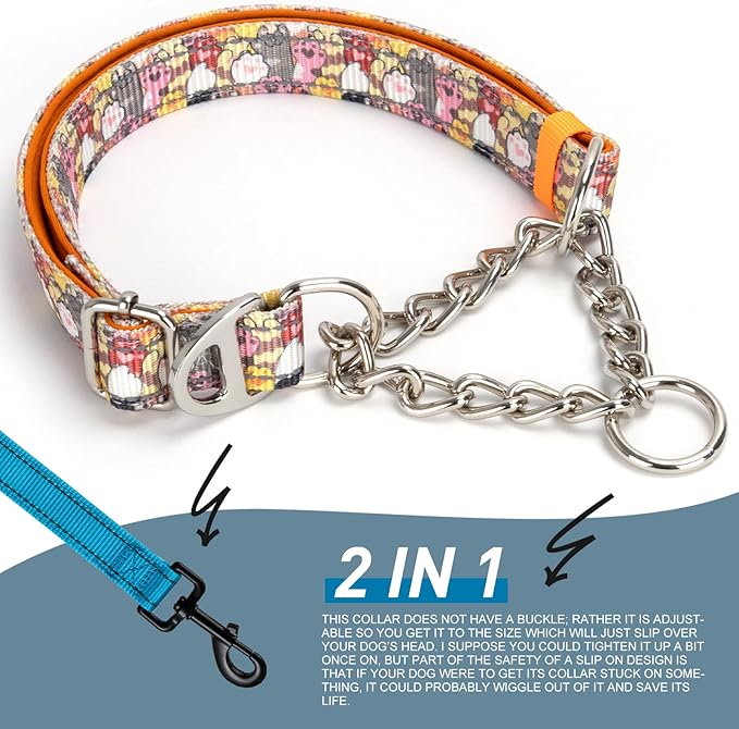 No-Pull Martingale Dog Collar with Chain - Adjustable Anti Pull Training Collar, Safe Choker Control Limited Slip Walking Training Dog Collars （Cute Dog Paw Print Large）
