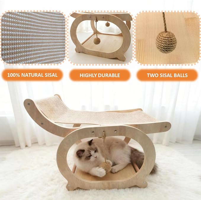 Sisal Cat Scratcher Chair, Elevated Cat Lounge Beds for Indoor Cats, Wooden Pet Hammock Couch for Scratching, Natural