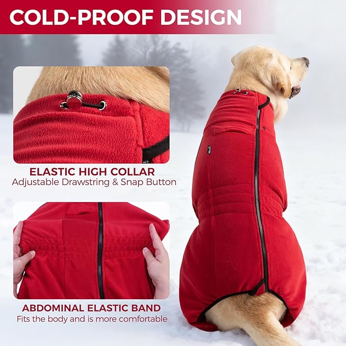 Mihachi Dog Snow Jacket Dog Coat Soft Fleece Pullover Pajamas, Pet Windproof Warm Cold Weather Jacket with Zipper, Reflective Jumpsuit Apparel Outfit Clothes for Medium Dog, Red SM