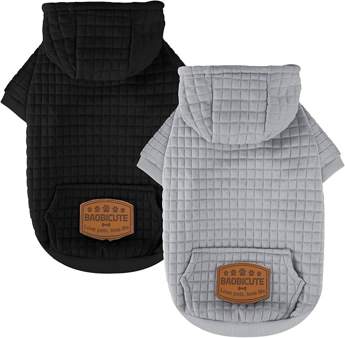 2 Pack Dog Hoodie Sweaters for Small Medium Dogs Warm Dog Clothes for Large Dogs Soft Waffle-Like Laminated Sweatshirt Bulldog (Black+Grey, XXS (Back: 8",Chest: 11", Neck: 7.9"))