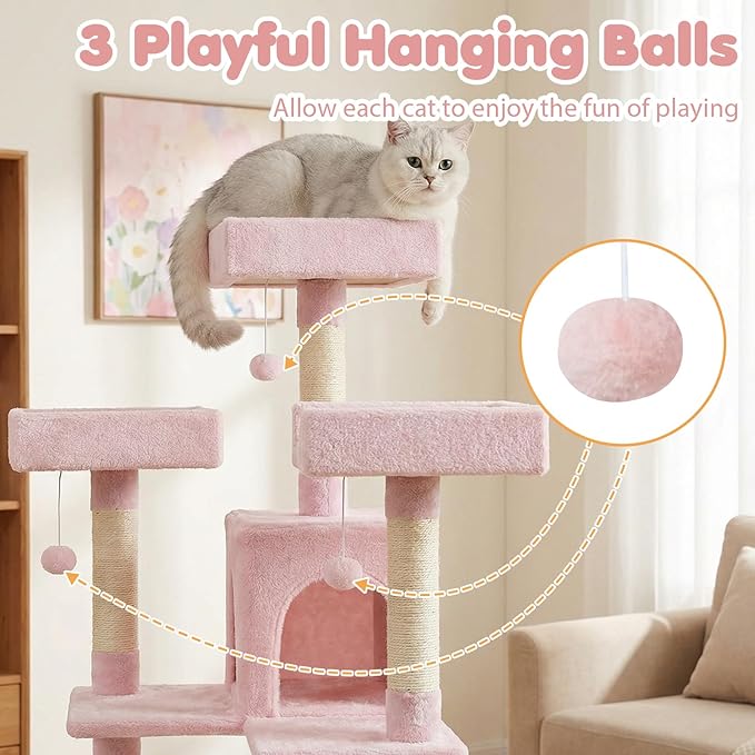 Tangkula 65 Inch Tall Pink Cat Tree, Multi-Level Cat Tower with Sisal Scratching Posts & Board, 2 Condos, 3 Plush Top Perches, Adjustable Basket, 3 Hanging Balls for Indoor Cats (Pink)
