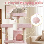 Tangkula 65 Inch Tall Pink Cat Tree, Multi-Level Cat Tower with Sisal Scratching Posts & Board, 2 Condos, 3 Plush Top Perches, Adjustable Basket, 3 Hanging Balls for Indoor Cats (Pink)