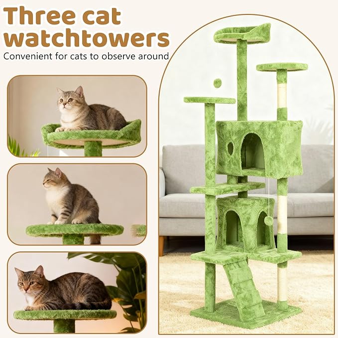 BestOffice 70 Inch Cat Tree, Multi-Level Cat Tower with Condo, Perches, Sisal Scratching Posts, Climbing Ladder,Indoor Activity Center Play House for Kittens & Adult Cats, Green