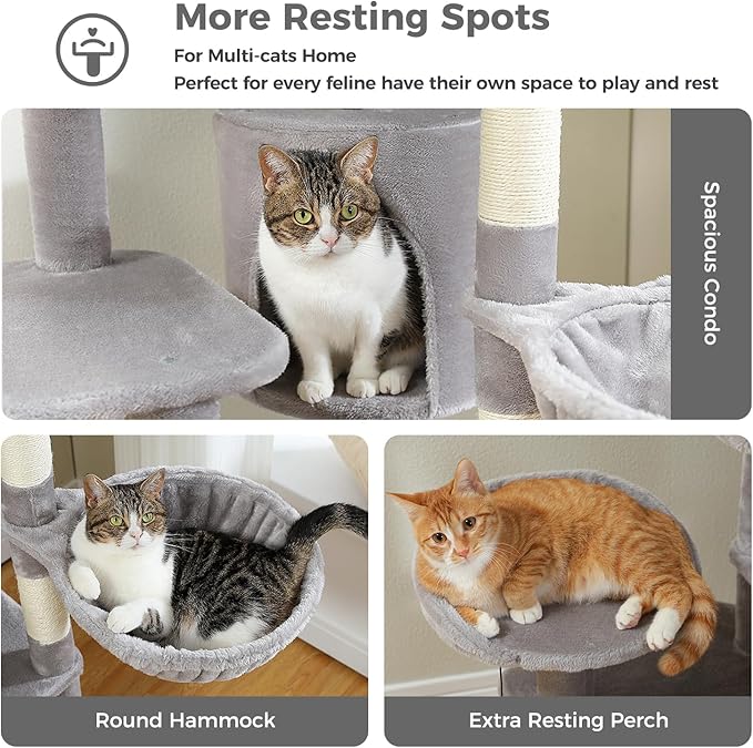 Large Cat Tree for Indoor Cats, 59" Tall Cat Tower with 3 Removable Pompom Sticks, Spacious Condo, Large Hammock and Scratching Posts, Sturdy Play House for Large Cats, Grey
