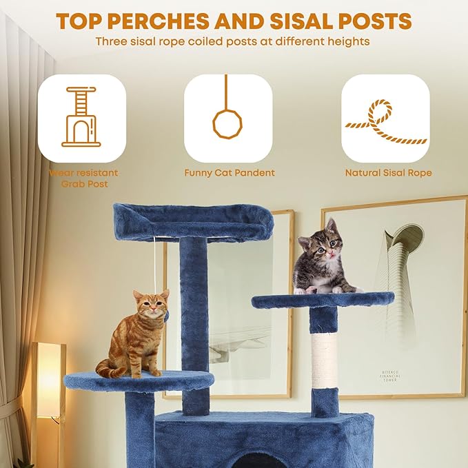 54in Cat Tree Tower for Indoor Cats, Cat Tower with Cat Scratching Post, Multi-Level Cat Furniture, Cat Tower with Funny Toys for Kittens-Navy Blue