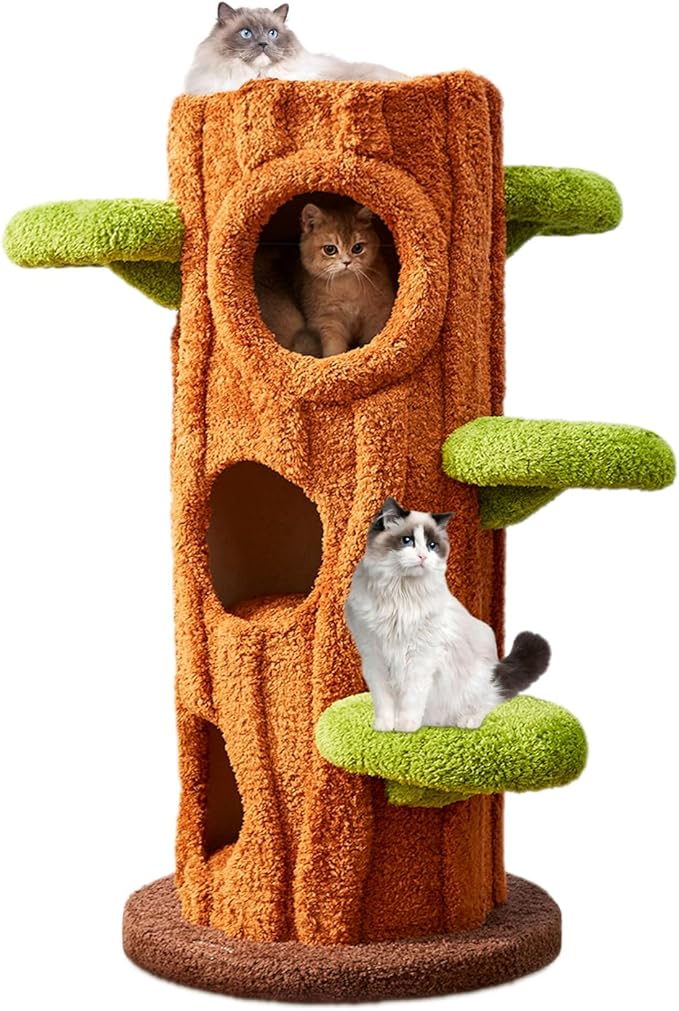 47.2'' Luxury Natural Cat Tree for Indoor Cats, Multi-Level Cat Tower with Scratching Post, Solid Wood Cat Condo for Multi-cat Families (Brown)
