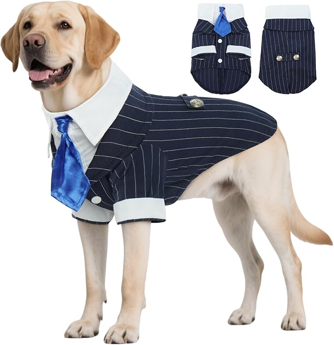 DENTRUN Navy Blue Dog Tuxedo - Formal Pinstripe Pet Suit Shirt with Satin Tie, Elegant Wedding Outfit Birthday Party Attire for Siberian Husky Border Collie Large Dogs (Polyester), XL