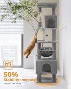 71" Tall Cat Tree for Large Cat 20 lbs with Super Large Hammock, Heavy Duty Cat Tower with 4 Sisal Scratching Posts & 2 Spacious Condos for Big Adult Cats Maine Coon-Grey