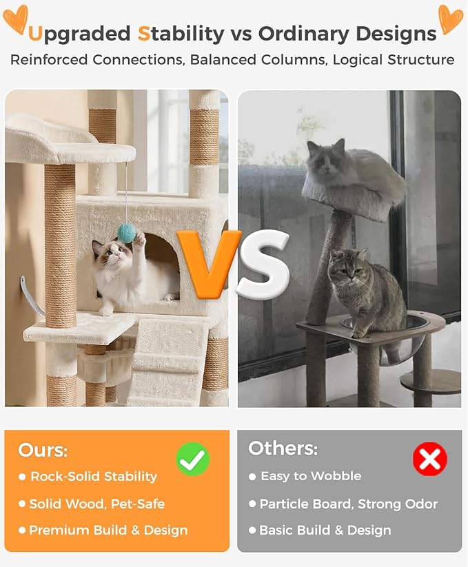 Catlike Rock-Solid 76" Tall Cat Tree Tower for Indoor Cats Large Adult, Heavy Duty Multi-Level Large Cat Tree with Sisal Scratching Posts, Perches, Cat Condos, Hammock Baskets, Cat Tower Natural Beige
