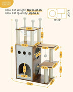 42.5" Modern Wooden Cat Tree with 2-Story Condo, Scratching Posts, Capsule Nest & Dangling Balls - Sky City Design Indoor Furniture for Cats, Rustic Brown