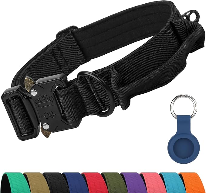 Joytale Tactical Dog Collar for Medium Dogs with Control Handle, Heavy Duty Military Training Collar for Power Breeds, AirTag Holder Case, Quick Release Metal Buckle, Soft Padded, M, Black