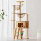 Floor to Ceiling Cat Tree, Adjustable Height Cat Tower (98-110 Inch) Fits Any Room, Modern Cat Activity Tree with Large Wood Condo, Hammock & Scratching Post for Indoor (Natural+White + 2)